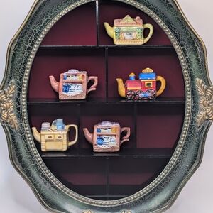 Vintage Whimsical Ceramic Figural Teapot Collection with Wall Display Shadow Box